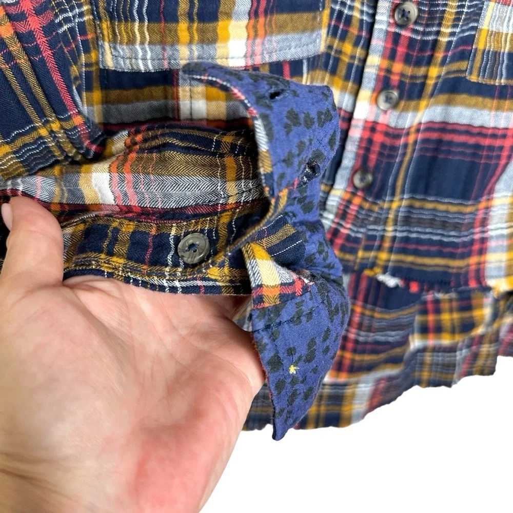 Anthropologie Pilcro Cropped Plaid Button-Down Shirt Top Blue Small Oversized - Picture 10 of 16